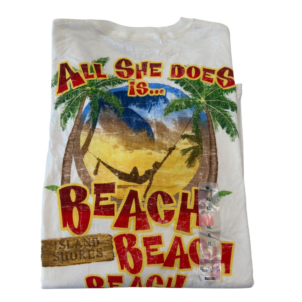 Island Shores Beach Graphic T-Shirt White 100% Cotton Tropical XL